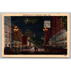 Postcard Michigan Detroit Washington Blvd by Moonlight Linen Posted 1948 Stamp